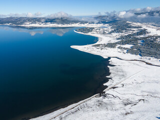 Aerial winter view of Batak Reservoir, Bulgaria