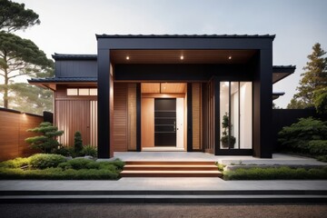 Residential architecture exterior home design of modern house japanese with main entrance of villa front yard and black panel wall