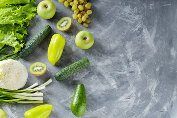 Fresh Green Vegetables and Fruits on Gray Concrete Background, Copy Space