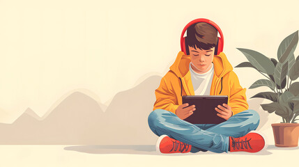 Boy sitting on the floor with red headphones and a tablet, vetor style (Generative AI)