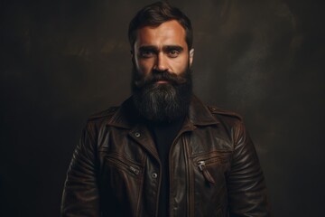 Portrait of a bearded man in a leather jacket on a dark background.