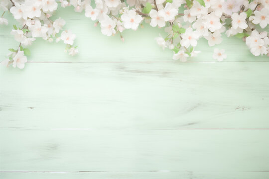 Pastel minty green woody background with cherry blossom decorations
