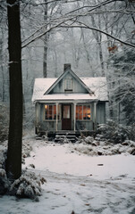 Snow-Covered Cottage in Winter Woods