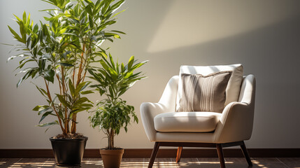 Light stylish furniture, beige and white armchair with decorative pillow, green plant in background, home style