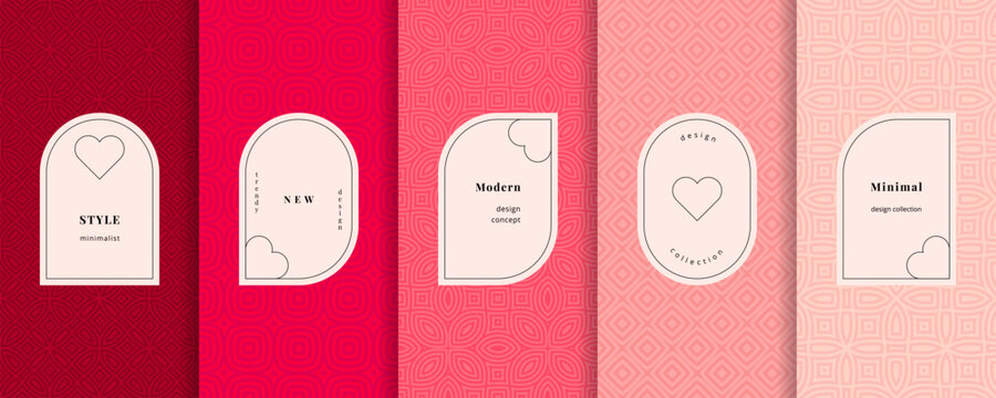 Elegant vector geometric seamless patterns collection. Set of bright colorful backgrounds with modern minimal labels. Love theme frames with hearts. Cute abstract textures. Trendy repeated geo design