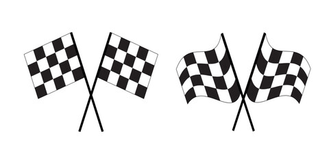 Crossed race flags symbols. Start and finish sport car competition banners with checkered black and white squares pattern. Motocross, rally, auto marathon championship signs