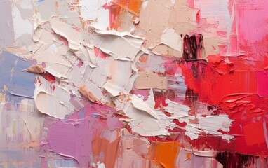 Abstract painting background with red and cream strokes using a palette knife in impasto style