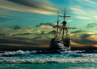 Grand view of an old sailing ship from the times of pirates on the high seas with big waves