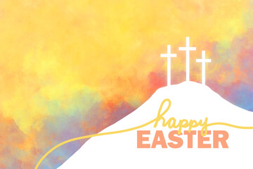 Easter background design of three white crosses on watercolor sunrise background with Happy Easter typography written in orange and gold, Religious Christian holiday design