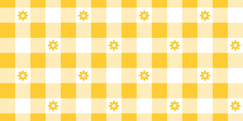 Gingham pattern with flowers. Checkered background with yellow and white squares. Spring or summer tablecloth, napkin, towel or handkerchief design. Wrapping or scrap paper print. Picnic plaid texture