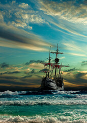 Grand view of an old sailing ship from the times of pirates on the high seas with big waves