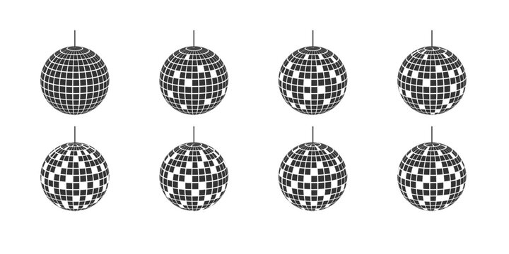 Set of mirror discoballs with black and white pixel textures. Vintage mirrorballs in 70s 80s 90s discotheque style. Glowing night club spheres. Dance music party glitterballs