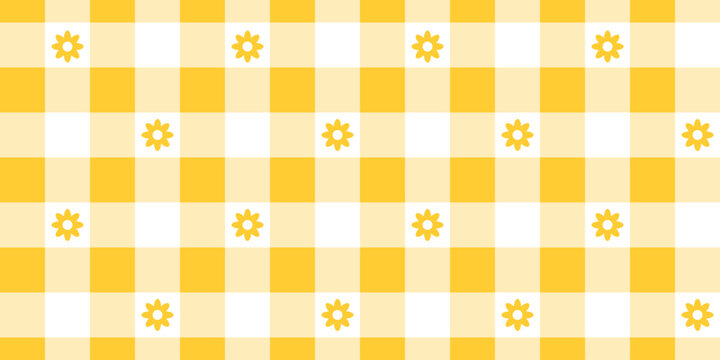 Gingham pattern with flowers. Checkered background with yellow and white squares. Spring or summer tablecloth, napkin, towel or handkerchief design. Wrapping or scrap paper print. Picnic plaid texture