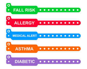 Obraz premium Medical alert bracelets. Fall risk, allergy, asthma, diabetic warning wristband mockups isolated on white background. Patient wrist bands for clinic or hospital. Vector flat illustration