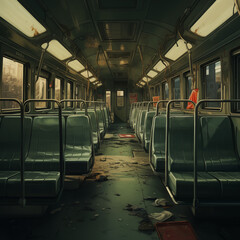 Empty damaged broken Train Bus Seats from inside 