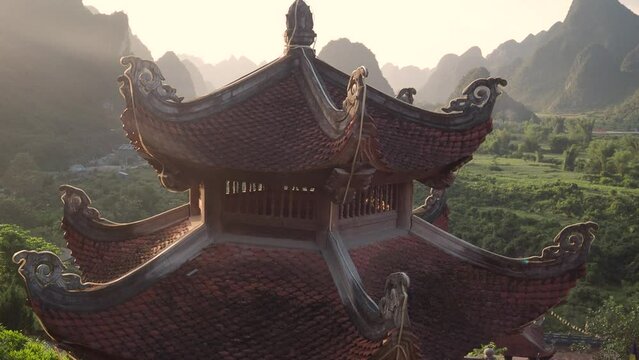 Pagoda Phat Tich Truc Lam Ban Gioc during a sunset in Vietnam.
