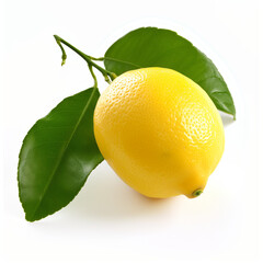 One whole lemon with two leaves on white background