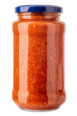 Ready-to-use tomato and ricotta cheese sauce in glass jar isolated
