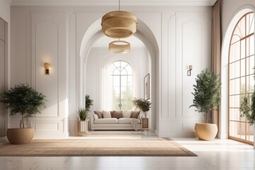 Interior home design of modern entrance hall with door and white house decorations and houseplants