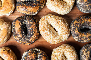 Close-Up of Freshly Baked Everything Bagels with Seeds
