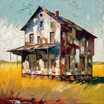 oil painting of old house on canvas  in the field.. Modern Impressionist style.