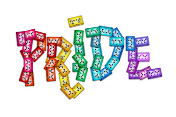 Pride. Rainbow retro audio cassettes. Rainbow flag symbol gays and lesbians LGBTQ. Rainbow colors. Letters P R I D E. Good for Party, greeting card. High resolution photo. Isolated on white background