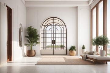 Interior home design of modern entrance hall with door and white house decorations and houseplants