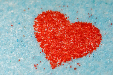 Sweet love, colorful sugar crystals, red heart shaped, valentine's day theme background