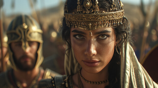 Beautiful ancient Egyptian queen with her army on a battlefield ready to attack.