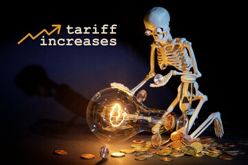 A toy cheerful human skeleton is kneeling by a large dimly lit light bulb, holding the last pennies...