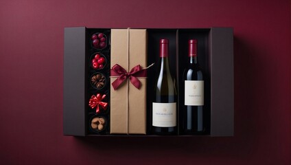 Top view of the gift box for Valentine's Day against a dark red background