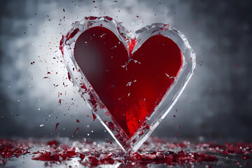 broken crystal heart of valentine’s day, sadness in valentine’s day, bad relationship, gloom romance, melancholia in mother’s day - obrazy, fototapety, plakaty