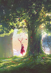 A woman in red holding a horned spear standing next to a large tree, digital art style, illustration painting 