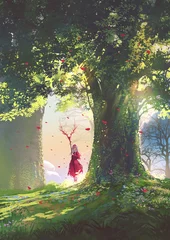 Poster Im Rahmen A woman in red holding a horned spear standing next to a large tree, digital art style, illustration painting  © grandfailure