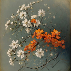 Painting of a tree with orange white flowers on a vintage background. A Serene Floral Print In Tonalism Style