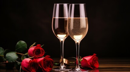 Two wine glasses on rustic worktop along side four romantic roses, for the theme of Valentine's Day