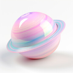 Obraz premium Planet Saturn, done in a cute way, colored in pastel tones, neutral background, with transparent glass around it. 3D rendering design illustration.