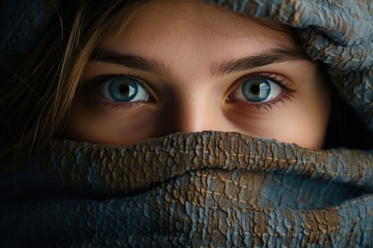 Covered girl face with blue eyes,Winter scharf covered girl face, Generative Ai 