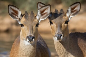 Close-up of two female waterbucks standing together. Generative AI