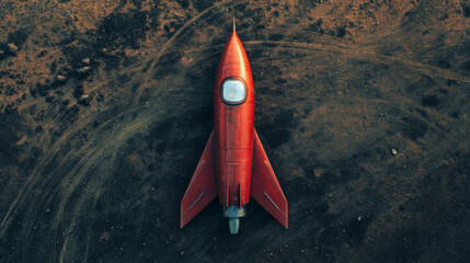 An abandoned red rocket ship, top view. - obrazy, fototapety, plakaty