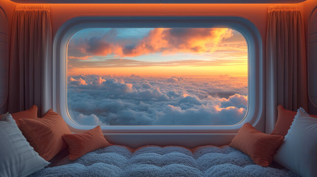 Business class seat while in flight. Window view of an luxury airplane interior.