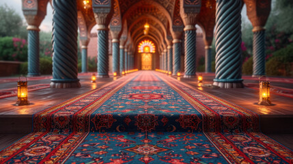 Obraz premium Entrance to an Ottoman empire palace with traditional carpets and lanterns.