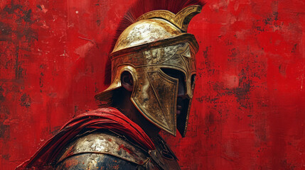 Spartan warrior from ancient Greece on red wall background.