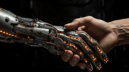 Robot hands making contact on dark background. Cyborg hand finger pointing, technology of artificial intelligence. 