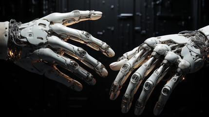 Robot hands making contact on dark background. Cyborg hand finger pointing, technology of artificial intelligence. 