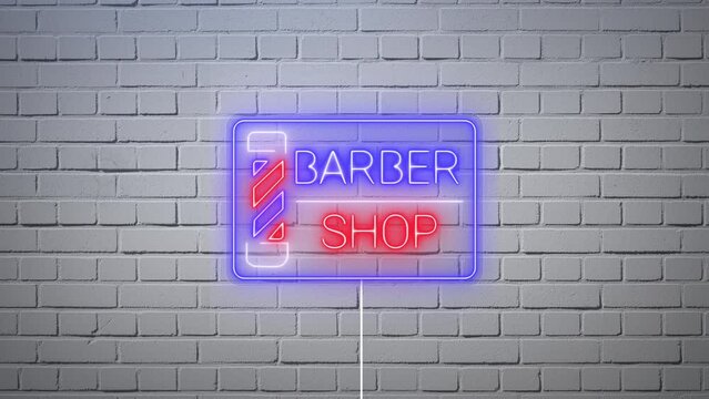 Barber shop neon signboard on white bricks wall background. Signboard for shops. Barber shop logotype design