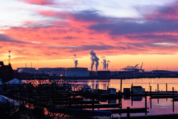 Baltimore Harbor at Sunrise with View of Industry along Shoreline