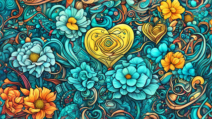 Fototapeta na wymiar Valentine's Day heart flowers vibrant patterns abstract texture floral romance beauty decoration ornate swirls nature blossoms petals bloom drawing painting creative backdrop wallpaper fantasy style