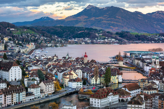 Lucerne city on Lake Lucerne in the swiss Alps mountains, Switzerland