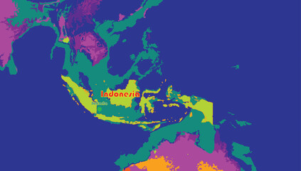  Indonesia map and its capital city Jakarta on the world background. This South East Asian country is famous for its active volcanoes, muslim religion and over 600 ethnic groups. 
